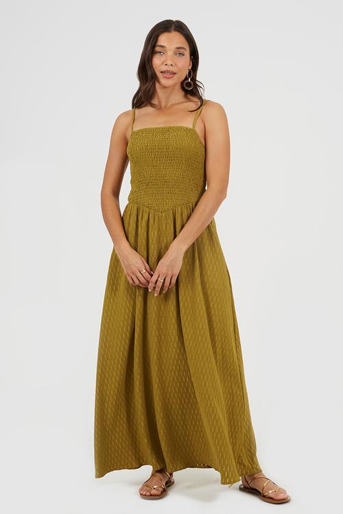 Ladies Strappy Textured Jersey Dress With Ruched Bodice - Khaki