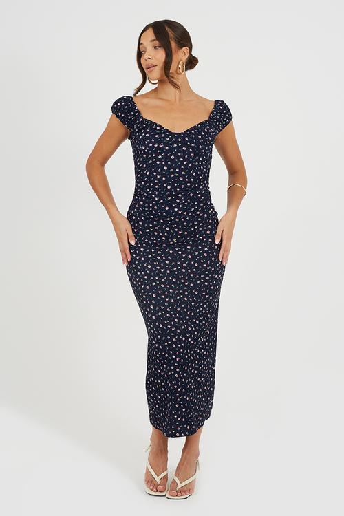 Ladies Floral Cap Sleeve Textured Jersey Maxi Dress With Tie-Back Detail - Navy