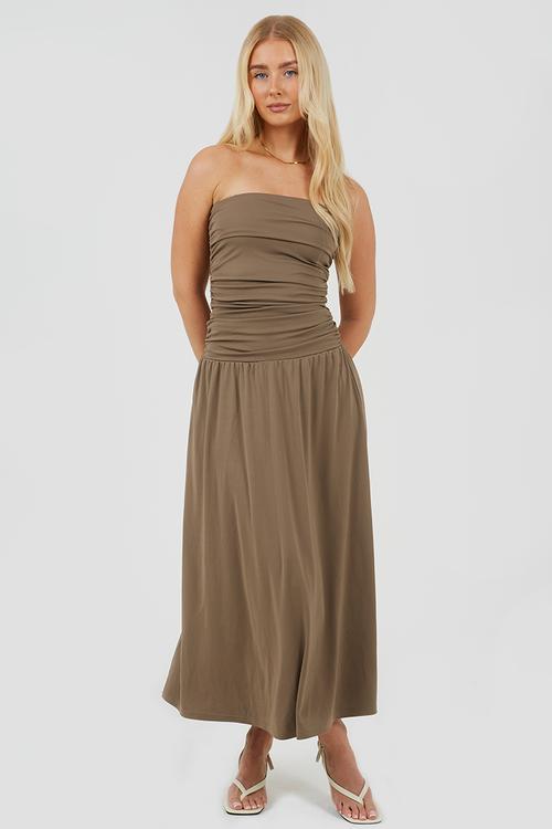 Ladies Strappy Midi DressWith Ruching Detail - Brown