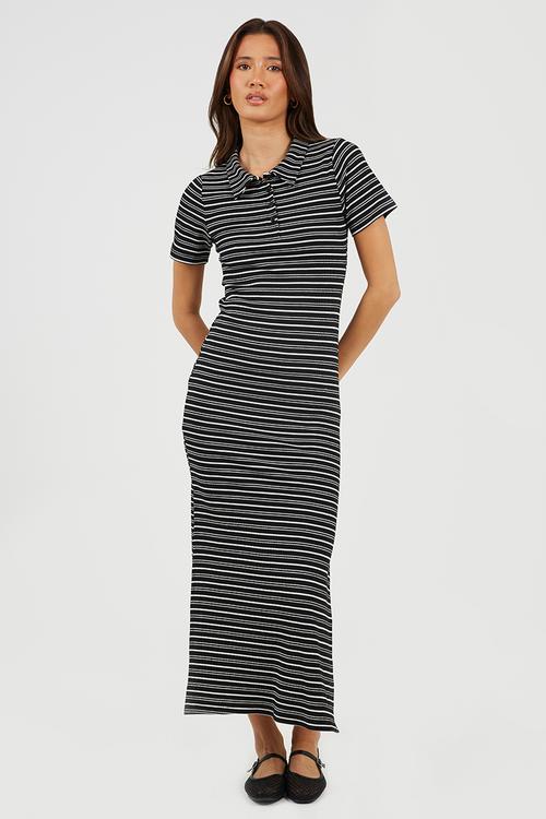Ladies Short Sleeve Maxi StripedTextured Jersey Dress With Collar - Black