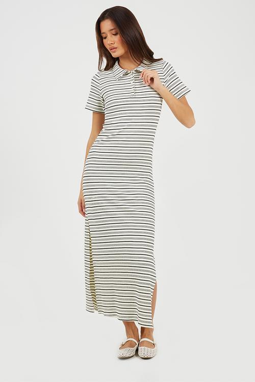 Ladies Short Sleeve Maxi StripedTextured Jersey Dress With Collar - White Stripe