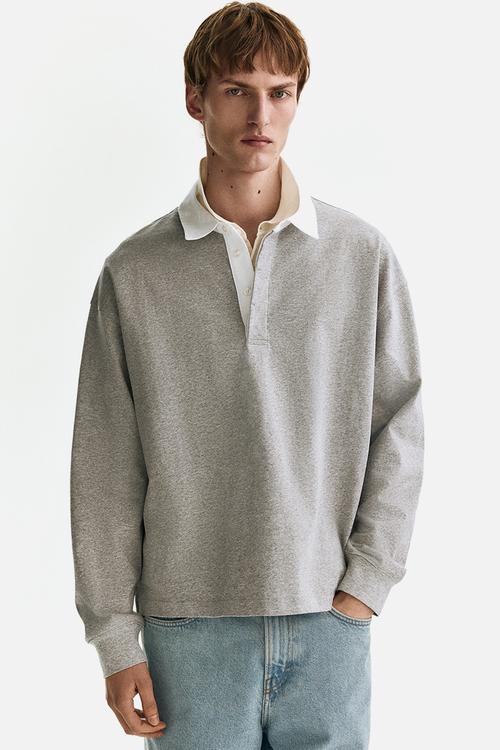 Loose fit cotton polo shirt - grey marl/colour block