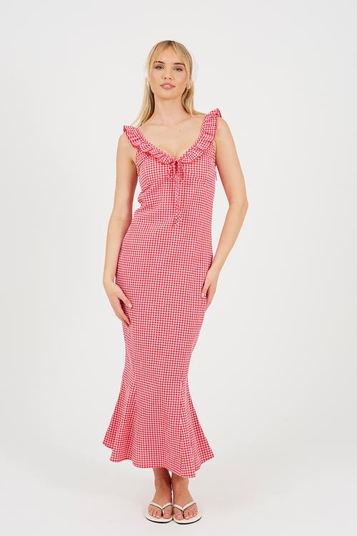 Ladies Gingham Mermaid Maxi Dress With Ruffle Neckline - Plush Pink