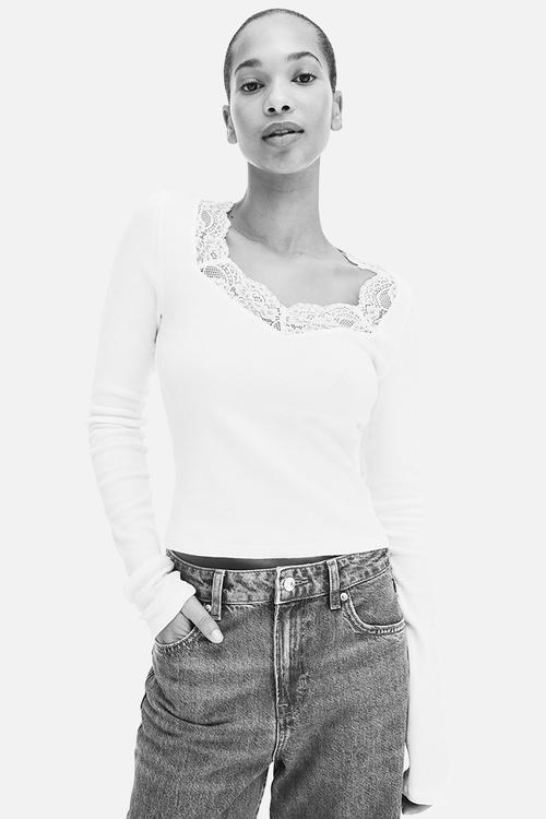Lace-trimmed jersey top - white