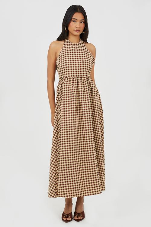 Ladies Gingham Halterneck Maxi Dress - Brown