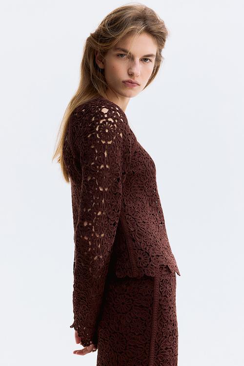 Crochet-look cardigan - dark brown