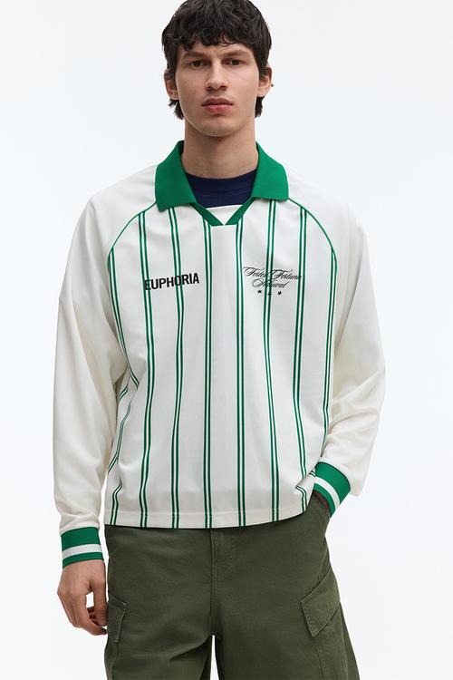 Loose fit printed polo shirt - white/striped