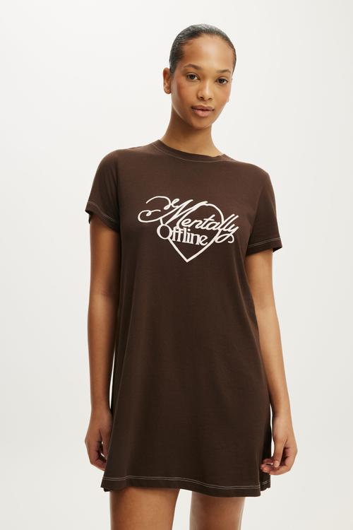 Relaxed Graphic T-Shirt Nightie - Mentally Offline Toffee Bean
