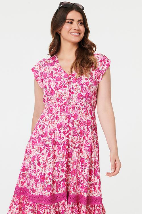 Cap Sleeve With Flutter V-Neck Button Through Midi Dress Printed - Pink