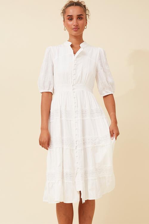 Half Sleeve With Elastic Button Through Tiered Dress With Lace At Each Tier - White