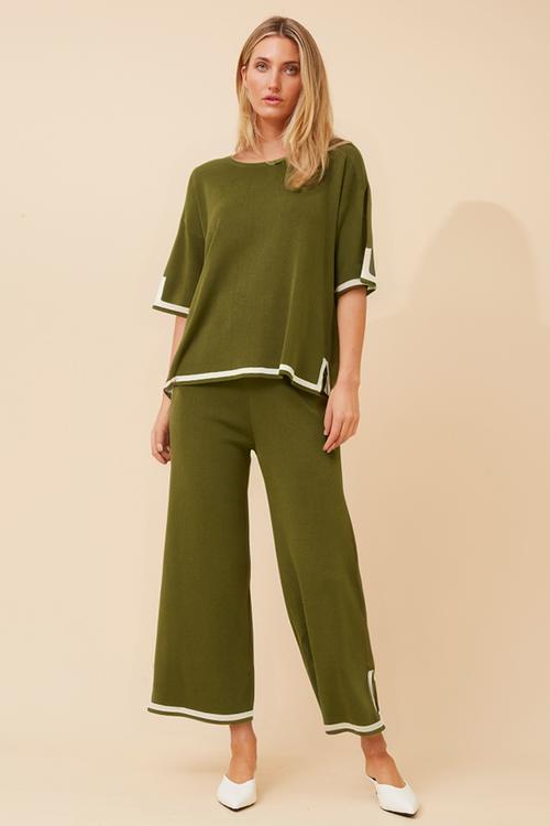 Set With Top S/S High Low Easy Wearing Crew Neck, Pant With Ankle Length Side Seam Slit - Khaki