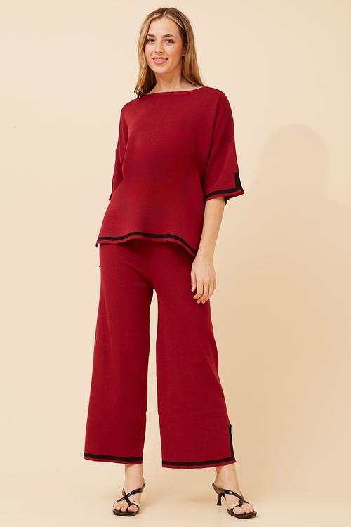 Set With Top S/S High Low Easy Wearing Crew Neck, Pant With Ankle Length Side Seam Slit - Red