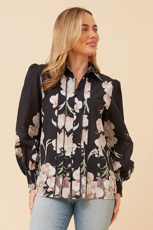 L/S With Elastication At Cuff, Covered Button Through Printed Blouse With Lace Trim On Chest - Multi Black