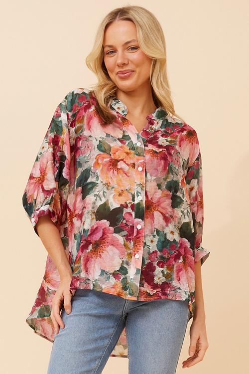 Half Sleeve Batwing Easy Wearing Printed Sheer Blouse With Back Button Stand Detail - Multi Pink