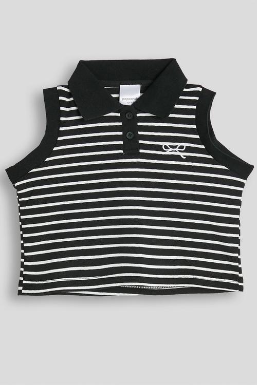Sleeveless knit henley tee - black stripe