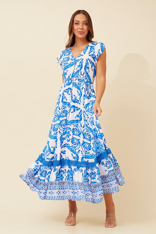 Cap Sleeve With Flutter V-Neck Button Through Maxi Dress With Border Print Detail - Multi Blue