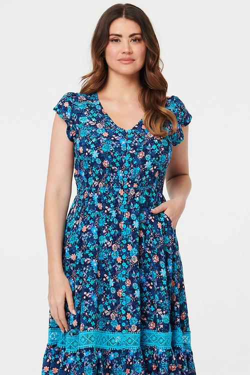 Cap Sleeve With Flutter V-Neck Button Through Midi Dress With Border Print Detail - Multi Navy