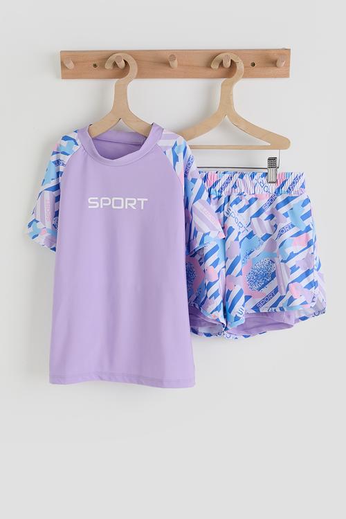 Rash vest and board shorts -  purple/aop
