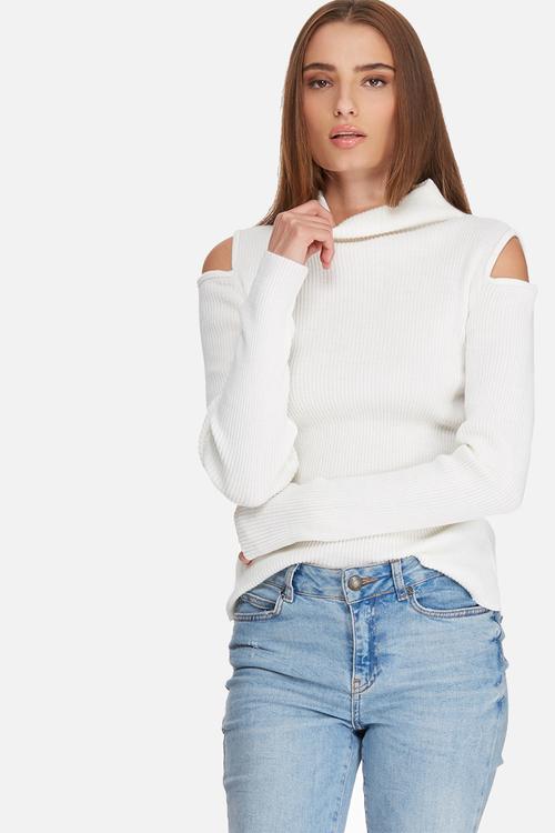 Cold shoulder funnel neck knit