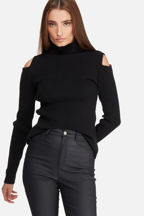Cold shoulder funnel neck knit