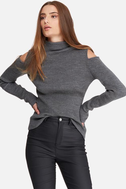 Cold shoulder funnel neck knit