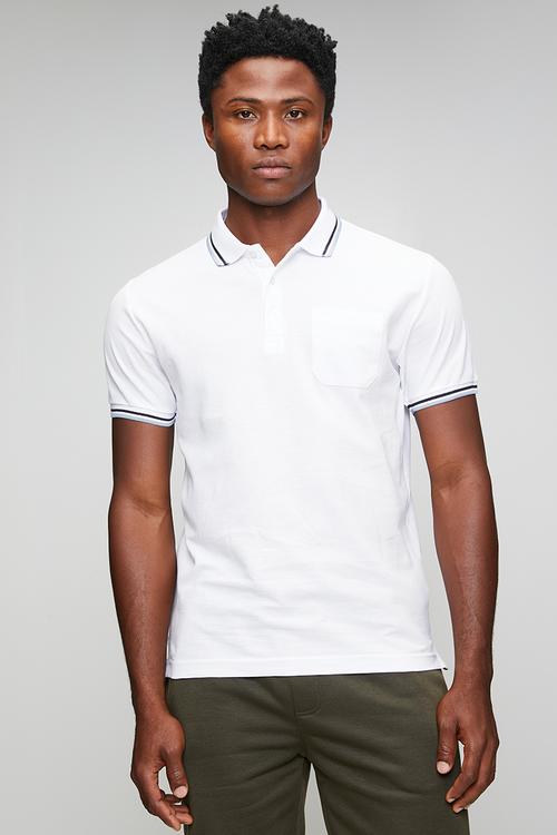 MENS POLO SHIRT  COSMOB - WHITE/STTEEL BLUE/NAVY