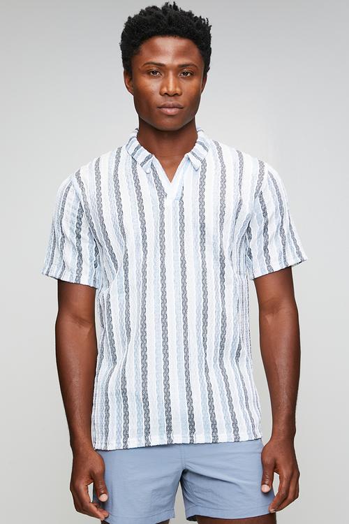 Mens trophy neck short sleeve self verigo - white/black/lt blue