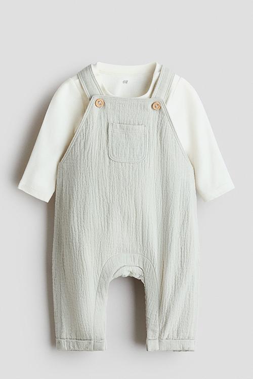 2-piece cotton set - light green/white