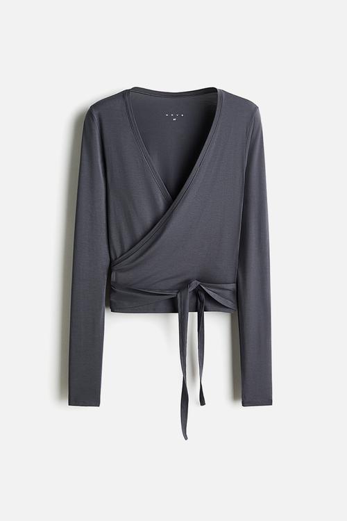 Sports wrap top in modal - dark clay grey