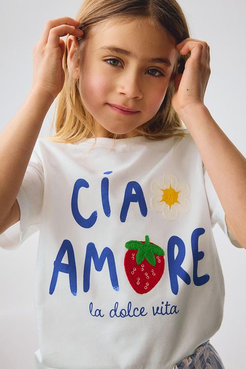 Motif-detail T-shirt - cream/ciao