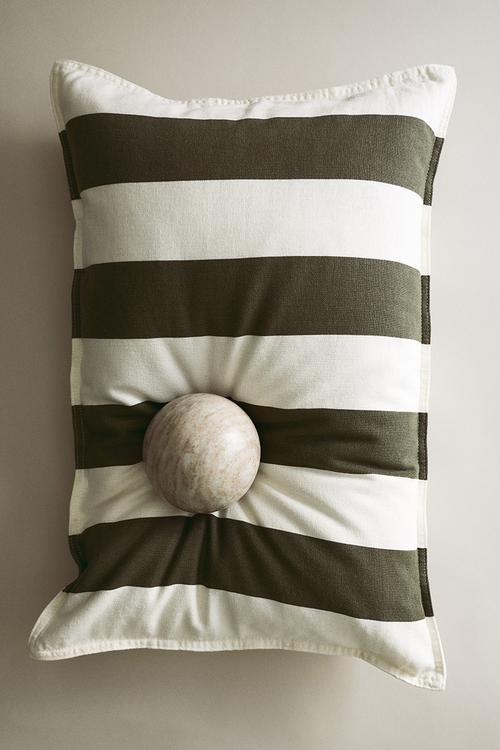 Linen-blend cushion cover - dark olive green/white striped