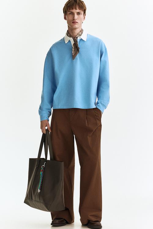 Loose fit cotton polo shirt - light blue/colour block