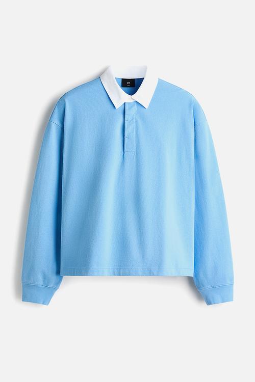 Loose fit cotton polo shirt - light blue/colour block