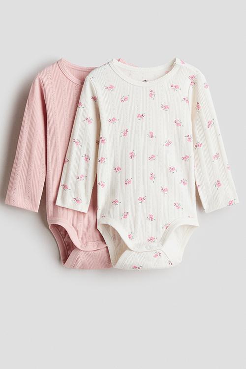 2-pack cotton pointelle bodysuits - light pink/floral