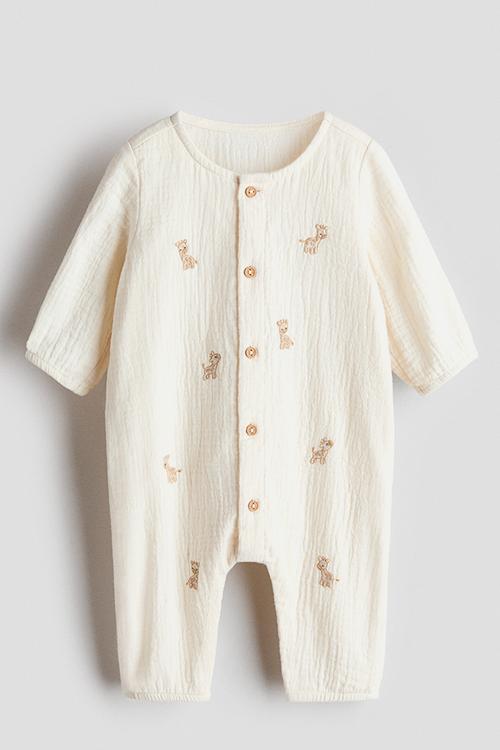 Embroidery-detail romper suit - light beige/giraffes