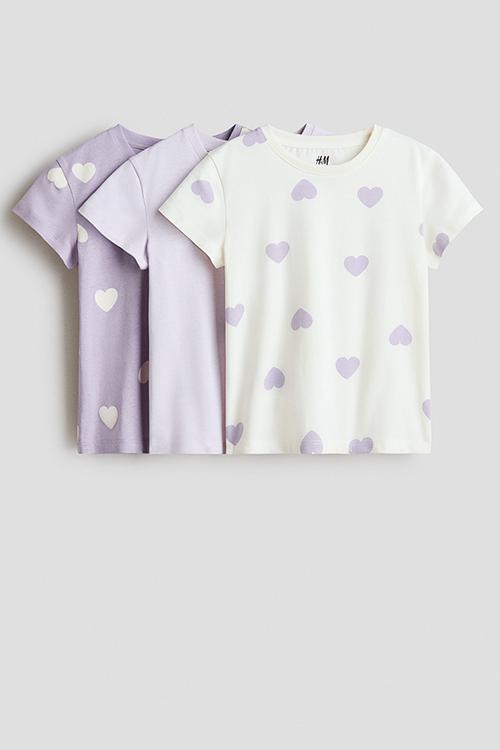 3-Pack t-shirts - white/lilac hearts