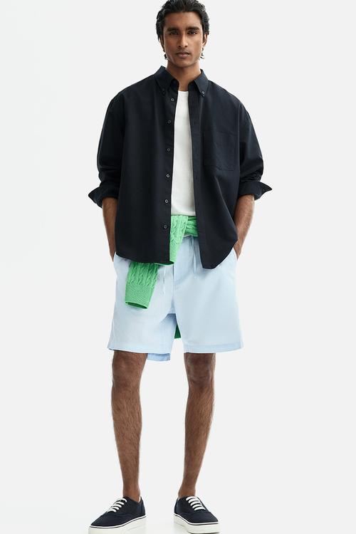 Regular fit linen-blend shorts - light blue