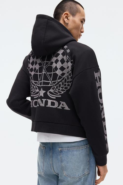 Oversized fit printed zip-through hoodie - black/honda