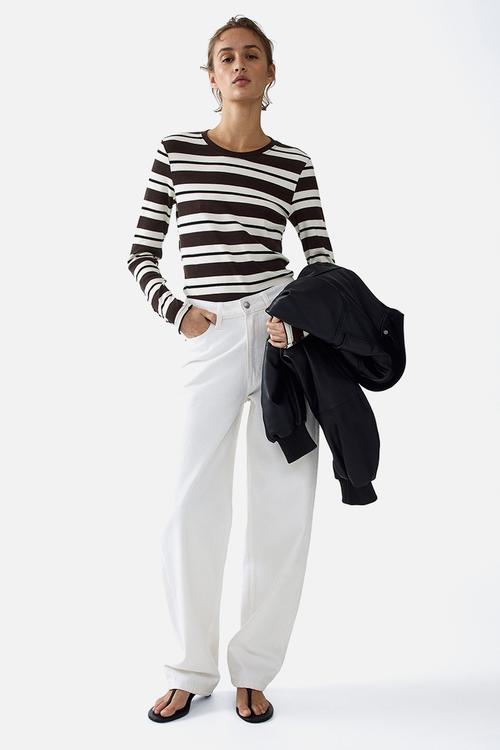 Ribbed top - white/dark brown striped
