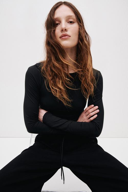 Long-sleeved jersey top - black