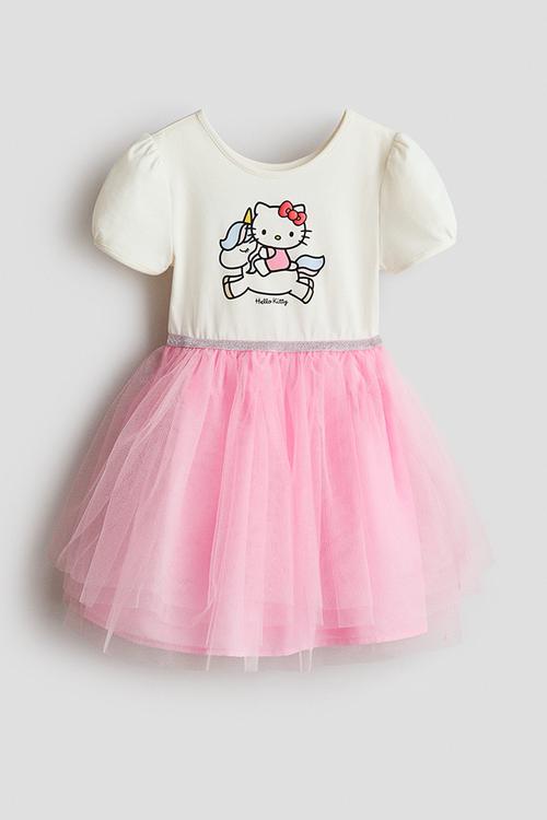 Printed tulle-skirt dress - cream/hello kitty