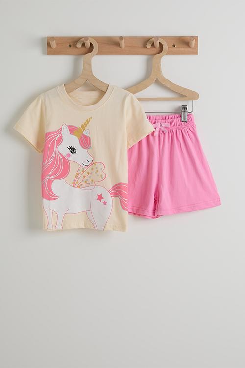 Unicorn graphic tee and plain shorts - cream/pink