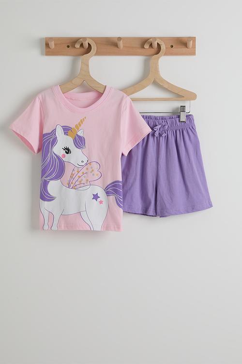 Unicorn graphic tee and plain shorts - lilac/purple