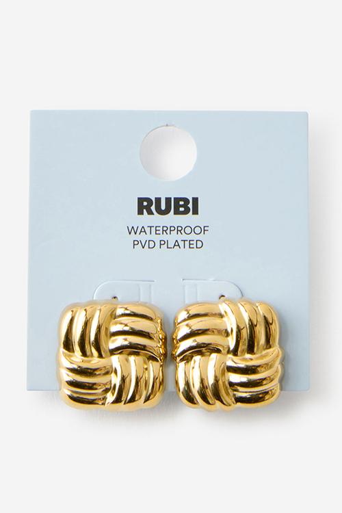 Waterproof Mid Charm Earring - Gold Plated Sqaure Woven