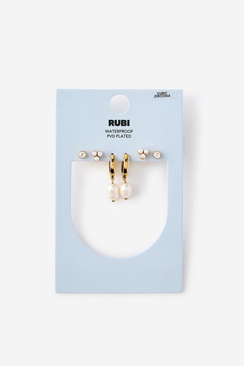 Waterproof 3Pk Small Earring - Gold Plated Pearl Drop Cluster Cz Stud