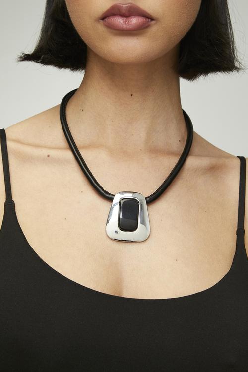 Opal Gemstone And Metal Pendant Cord Necklace - Silver/Black
