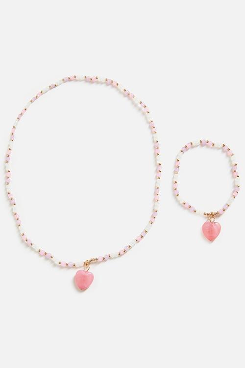 Kids Fashion Necklace & Bracelet Set - Tea Party Pink/Beaded Heart