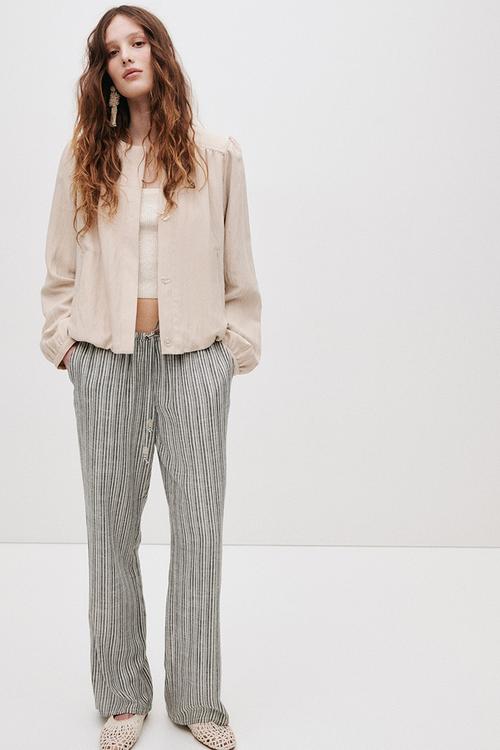 Linen-blend drawstring trousers - black/striped