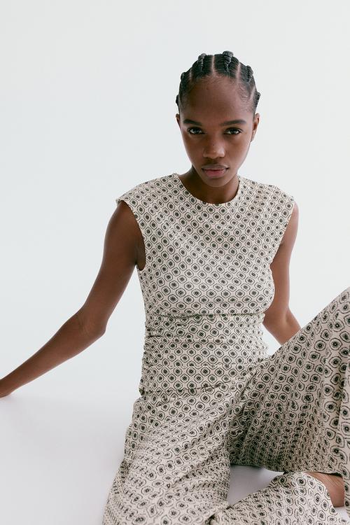 Textured jersey top - light beige/patterned
