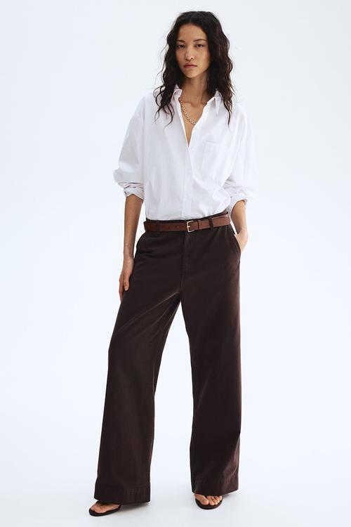 Wide belted twill trousers - dark brown